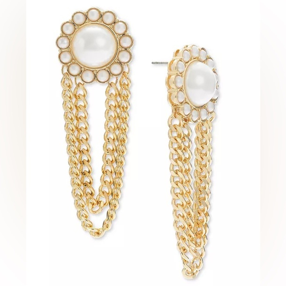 NWT Gold-Tone Imitation Pearl Chain Drop Earrings
